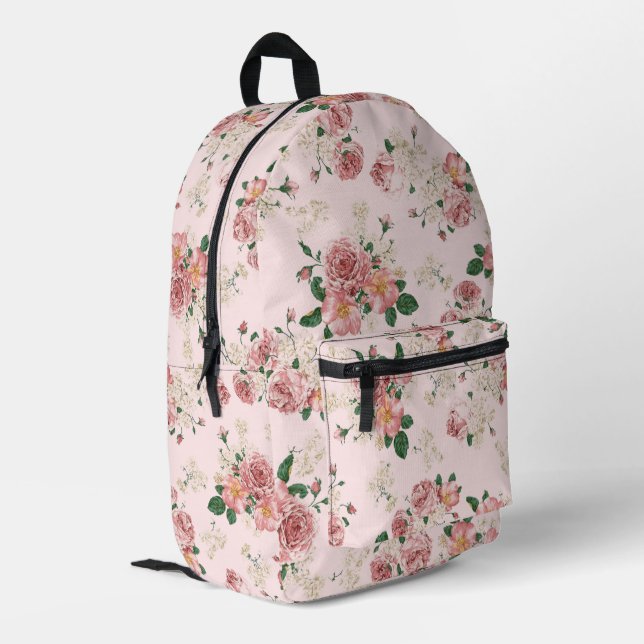 Pink on Pink Vintage Floral  Printed Backpack (Back Corner Left)