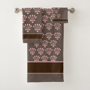 Pink On Taupe Floral Crowns  Bath Towel Set
