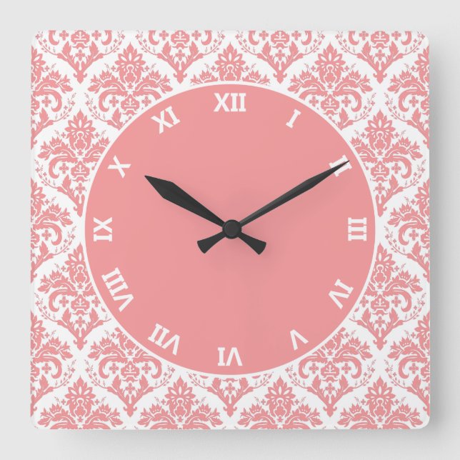 Pink on White Damask Square Wall Clock (Front)