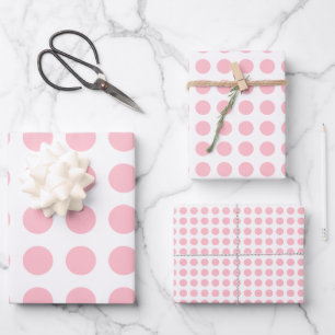Pink on White Different Sizes Horiz. Polka Dots Wrapping Paper Sheet