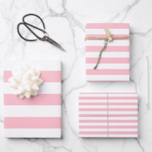 Pink on White Different Sizes Horizontal Stripes Wrapping Paper Sheet