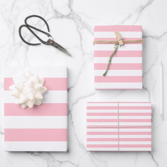 Pink on White Different Sizes Horizontal Stripes Wrapping Paper Sheet (Front)