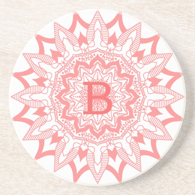 Pink on white mandala monogram coaster (Front)