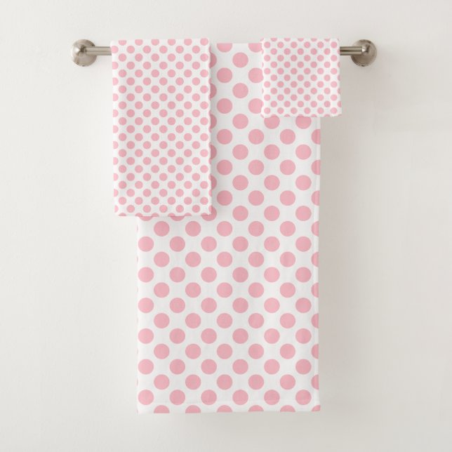 Pink on White Medium Size Polka Dots Bath Towel Set (Insitu)
