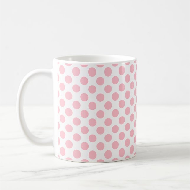 Pink on White Medium Size Polka Dots Pattern Coffee Mug (Left)