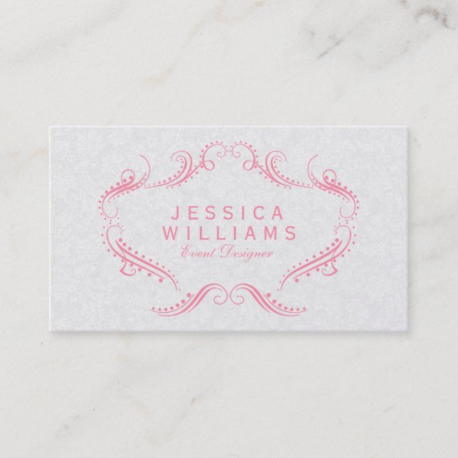 Pink On White Ornate Floral Frame Business Card (Front)