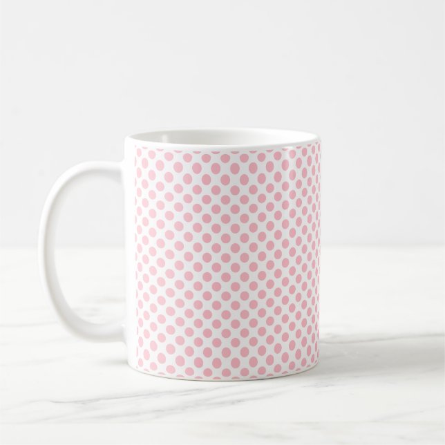 Pink on White Small Size Polka Dots Pattern Coffee Mug (Left)