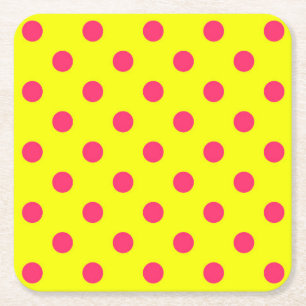 Pink On Yellow Polka Dots Pattern Design Square Paper Coaster