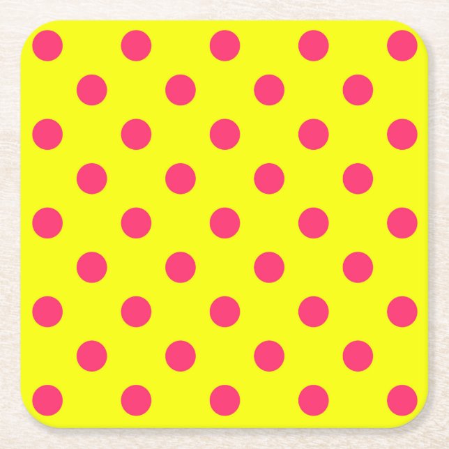 Pink On Yellow Polka Dots Pattern Design  Square Paper Coaster (Front)