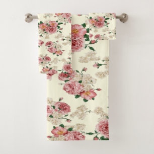 Pink on Yellow Vintage Floral  Bath Towel Set