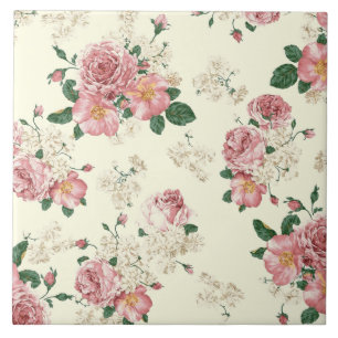 Pink on Yellow Vintage Floral  Ceramic Tile