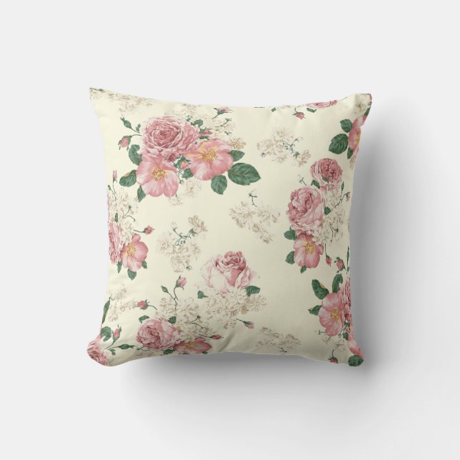 Pink on Yellow Vintage Floral  Cushion (Front)