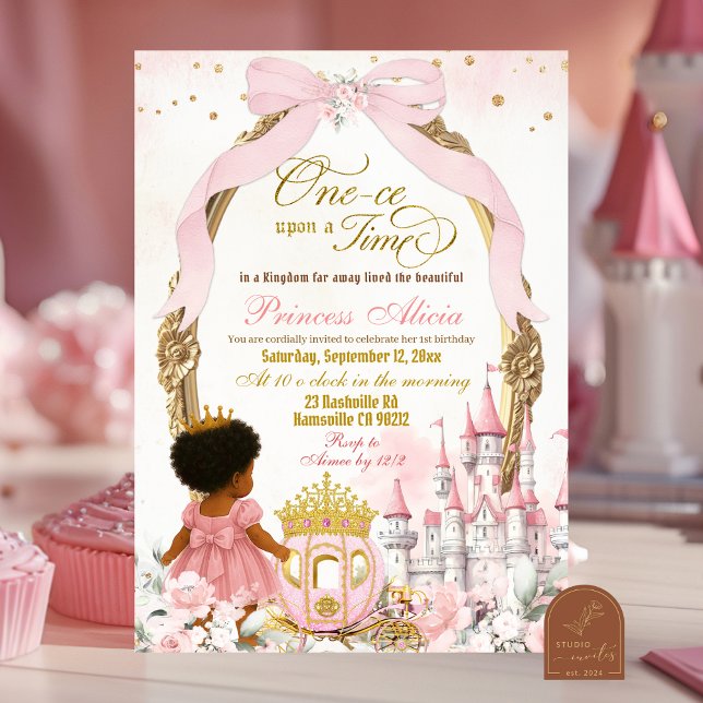 Pink Once Upon A Time African Girl 1st Birthday Invitation (Creator Uploaded)