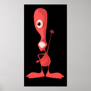 Pink One-Eyed Cyclops Cute Monster Waving Poster