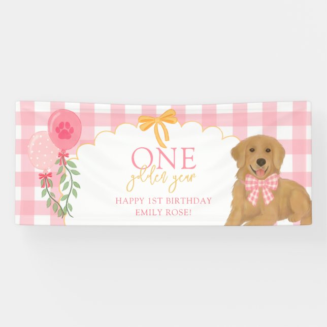 Pink One Golden Year Retriever Puppy 1st Birthday Banner (Horizontal)