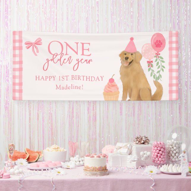 Pink One Golden Year Retriever Puppy 1st Birthday Banner (Party)