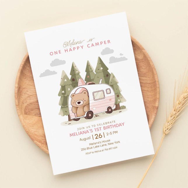 Pink One Happy Camper First Birthday Invitation (Creator Uploaded)