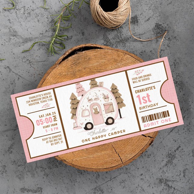 Pink One Happy Camper First Birthday ticket Invitation (Creator Uploaded)