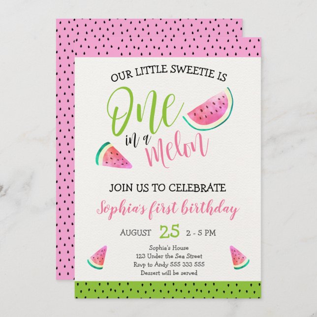 Pink One in a Melon Girl 1st Birthday Cute Invitation (Front/Back)
