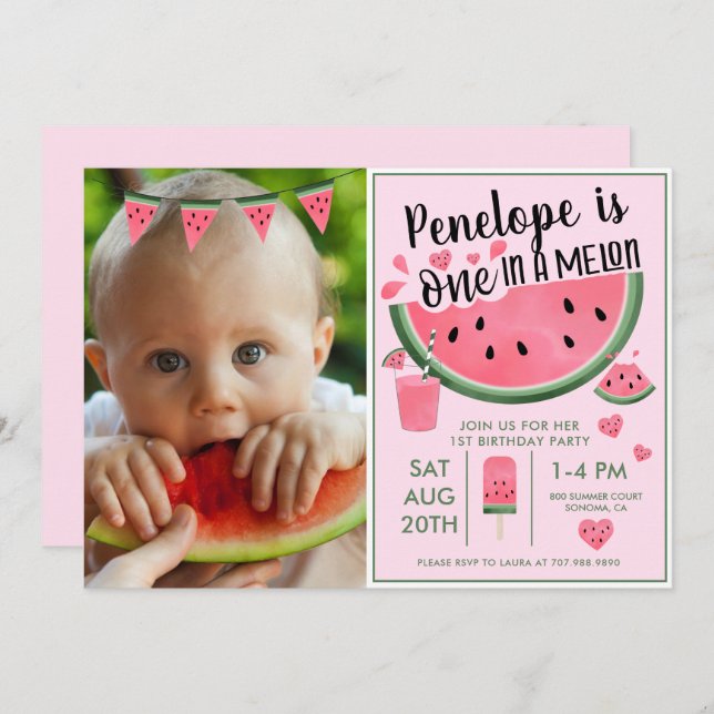 Pink One In A Melon Photo Girl's 1st Birthday  Invitation (Front/Back)