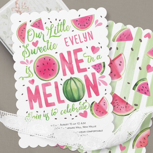 Pink One in A Melon, Summer Fruit Cute Girl 1st (Summer Bright Pink Watercolor One In a Melon, Watercolor Themed Girl 1st Birthday Invitation.)