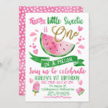 Pink One In A Melon Themed 1st Birthday Invitation<br><div class="desc">Pink One In A Melon Themed 1st Birthday Invitation Girl's cute one in a melon first birthday invitation with a touch of bling. The invitation features watercolor slices, two banners and various decorative elements on a white background. The word one is a faux gold glitter texture. This design is suitable...</div>