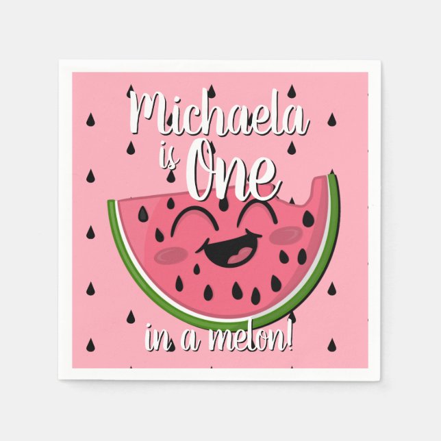 Pink One in a Melon Watermelon Kids First Birthday Napkin (Front)