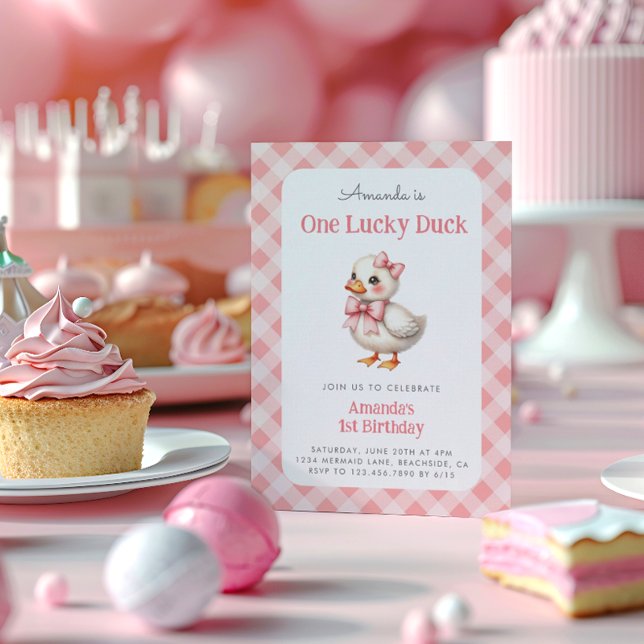 Pink One Lucky Duck Baby Girl First Birthday Invitation (Creator Uploaded)