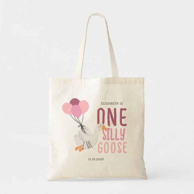 Pink One Silly Goose 1st Birthday Favour Tote Bag (Front)