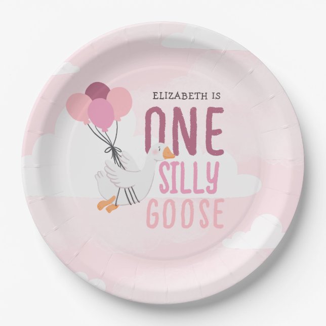 Pink One Silly Goose 1st Birthday Paper Plate (Front)