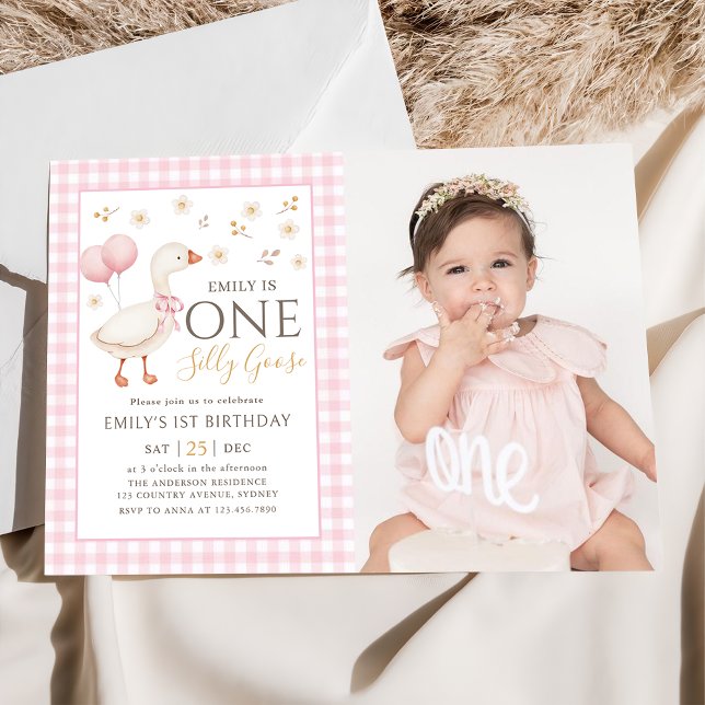 Pink One Silly Goose 1st Birthday Photo Invitation (Creator Uploaded)