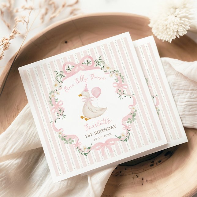 Pink One Silly Goose Coquette Bow 1st Birthday Napkin (Creator Uploaded)