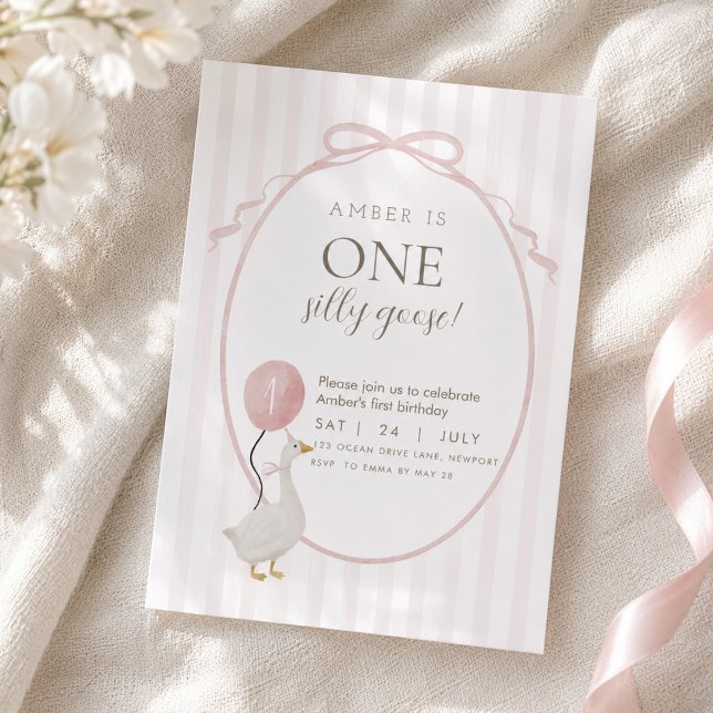 Pink One Silly Goose First Birthday Invitation (Creator Uploaded)