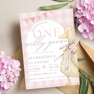 Pink One Silly Goose Gingham 1st Birthday Invitation