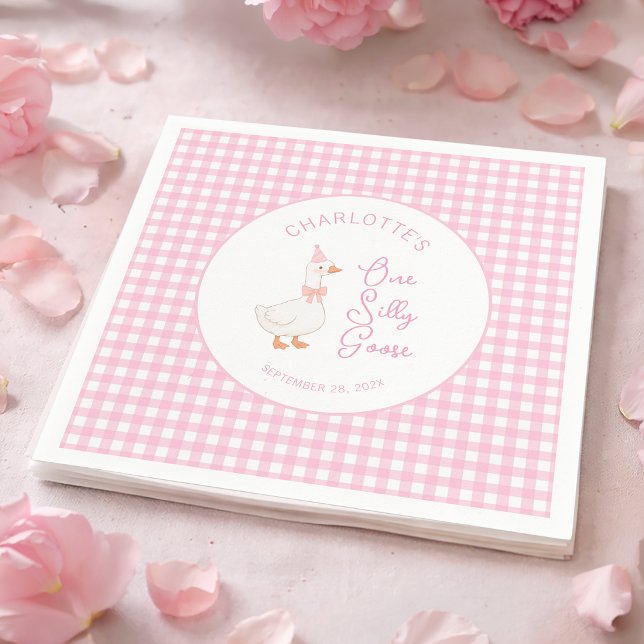 Pink One Silly Goose Gingham Rustic First Birthday Napkin (Creator Uploaded)