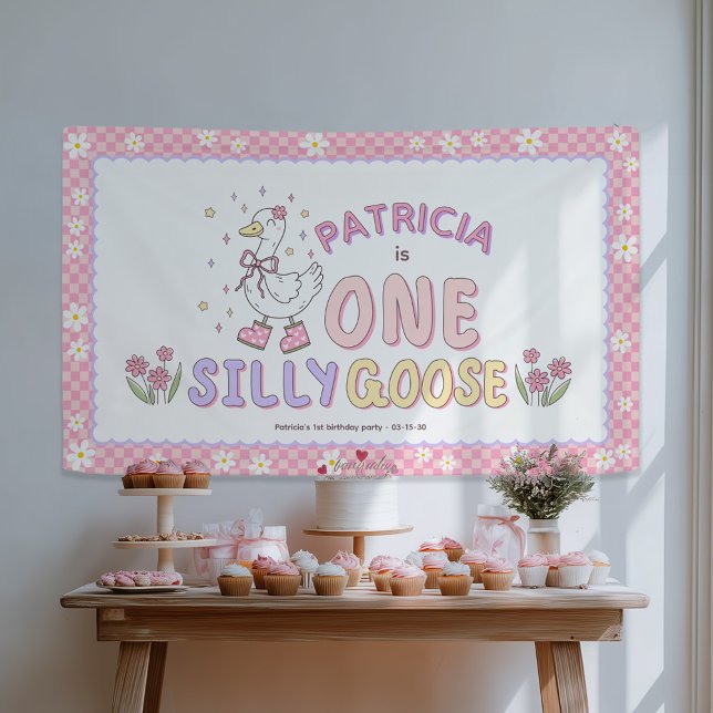 Pink One Silly Goose-Girl First Birthday Backdrop Banner (Pink One Silly Goose - Retro style Girl First Birthday Backdrop Banner- 1st Birthday decor.)