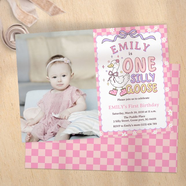 Pink One Silly Goose - Girl First Birthday Photo Invitation (Pink One Silly Goose - Retro Girl First Birthday Photo Invitation.)