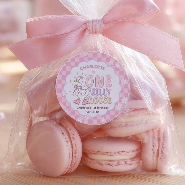 Pink One Silly Goose - Girl's First Birthday Classic Round Sticker (Pink One Silly Goose. Girl First birthday Stickers for Birthday cookies.)