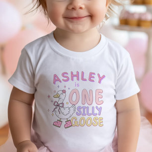 Pink One Silly Goose - Retro Girl First Birthday Baby T-Shirt