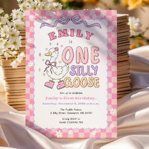 Pink One Silly Goose-Retro Girl First Birthday Invitation