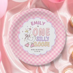 Pink One Silly Goose - Retro Girl First Birthday  Paper Plate