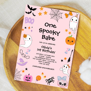 Pink One Spooky Babe Ghost Halloween 1st Birthday Invitation