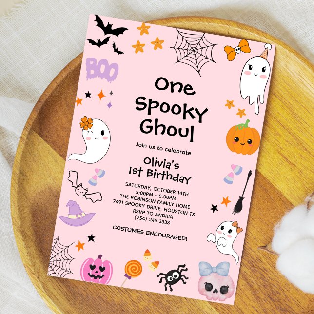 Pink One Spooky Ghoul Ghost Halloween 1st Birthday Invitation (Pink One Spooky Ghoul Cute Ghost Halloween 1st Birthday Invitation )