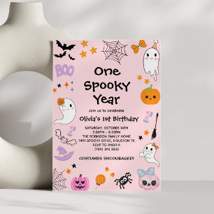 Pink One Spooky Year Ghost Halloween 1st Birthday Invitation
