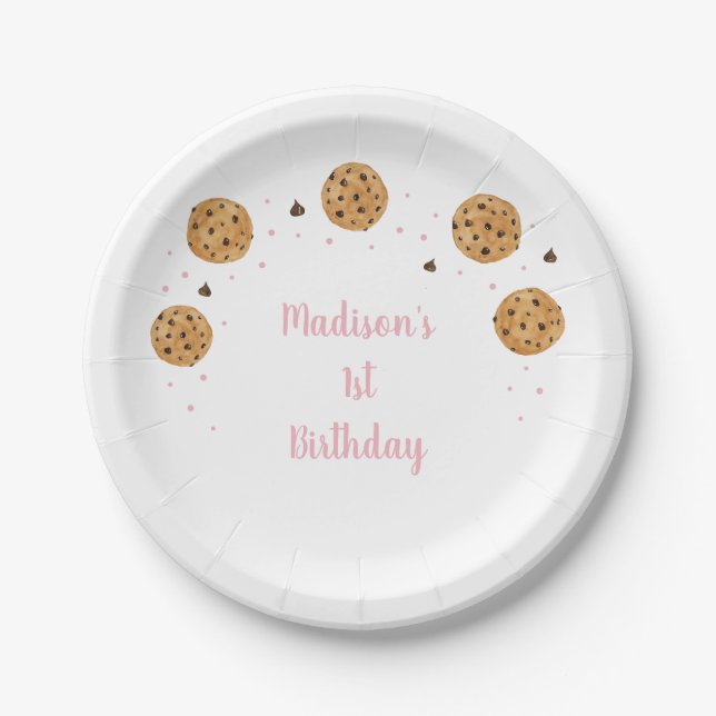 Pink One Sweet Cookie First Birthday Paper Plate (Front)