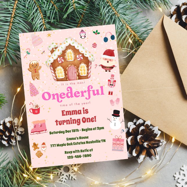 Pink ONEderful Christmas Winter 1st Birthday  Invitation (Creator Uploaded)