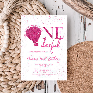 Pink Onederful Hot Air Balloon girl 1st Birthday Invitation