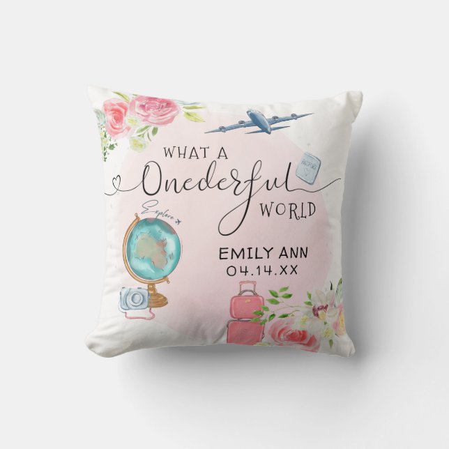 Pink ONEderful World Girls 1st First Birthday Cushion (Front)
