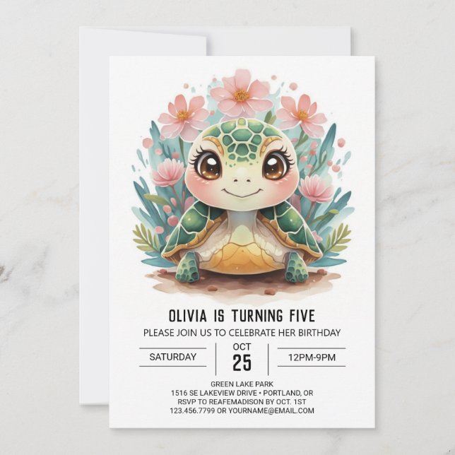 Pink Online Turtle Girl Birthday Invitation (Front)