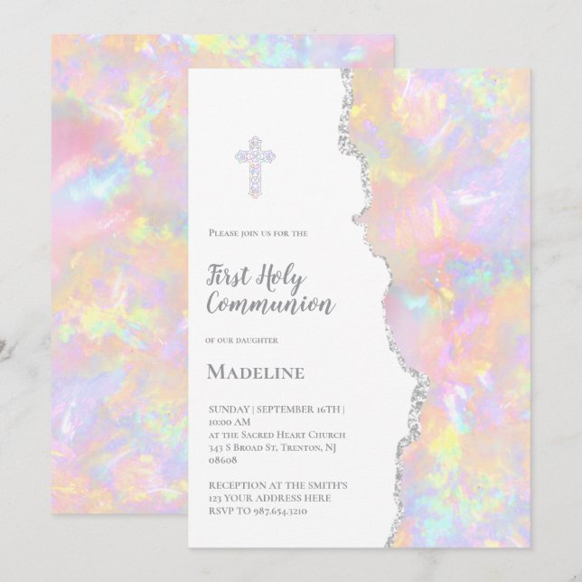 pink opal First Holy Communion Invitation (Front/Back)